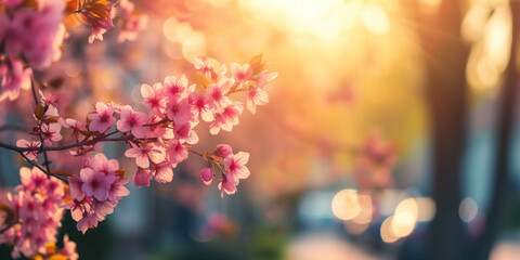 Pink cherry blossoms in the city street at sunset, banner - obrazy, fototapety, plakaty
