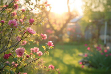 Fototapeta premium Pink cherry blossoms at sunset