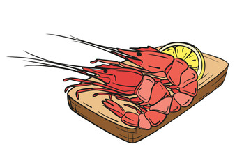 Shrimp set with lemon on wooden plate. Hand drawn illustration.