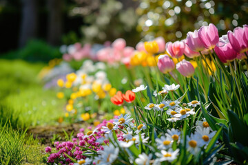 Colourful tulip garden in spring, easter background
