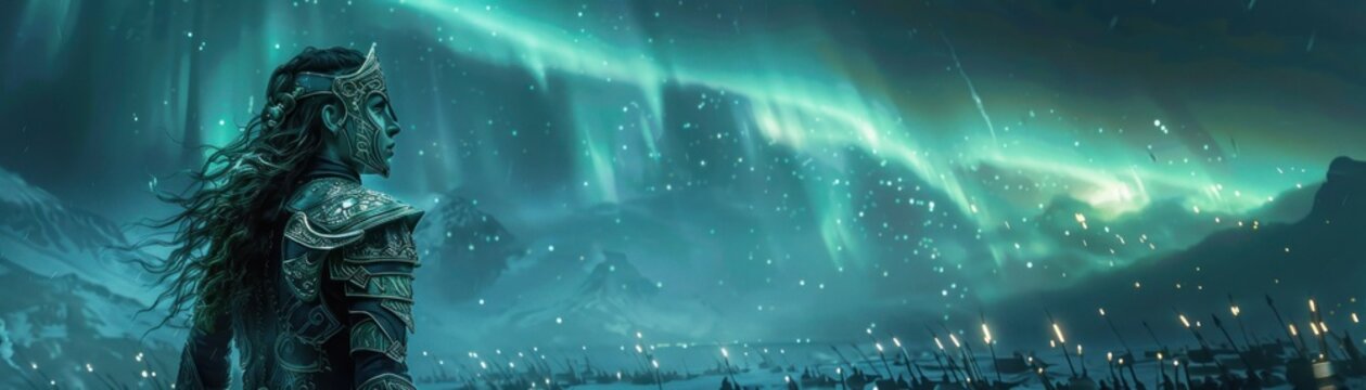 Valkyries in battle, their armor gleaming under the northern lights