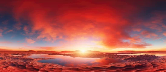 Photo sur Aluminium Rouge 2 A seamless spherical panorama showcasing a glowing golden red sunset over a calm body of water. The sky is painted with vibrant hues, reflecting beautifully on the tranquil water below.
