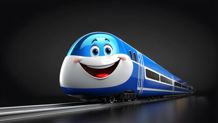 a cartoon character with happy face funny big bullet train on black background