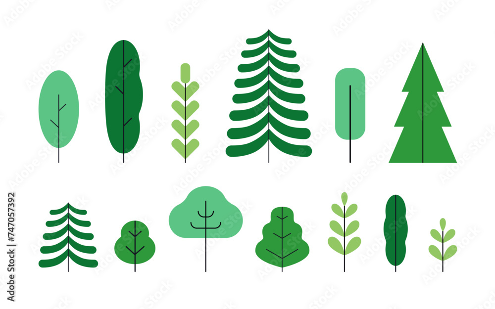 Aufkleber forest trees set. green plants, natural botanical floral elements collection. fir conifer and leaf v