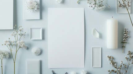 white Greeting Card, in the style of soft renderings,handcrafted designs, style of zara home and ASOS, top down view, flat lay, min minimalist. - obrazy, fototapety, plakaty