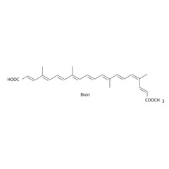 Bixin skeletal structure diagram.Caratenoid compound molecule scientific illustration on white background.