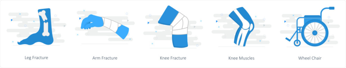 A set of 5 Mix icons as leg fracture, arm fracture, knee fracture