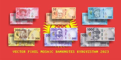 Vector set of pixel mosaic banknotes 2023 of Kyrgyzstan. Collection of notes in denominations of 20, 50, 100, 200, 500 and 1000 soms. Obverse and reverse. Play money or flyers.