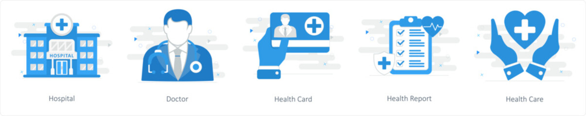 A set of 5 Mix icons as hospital, doctor, health card
