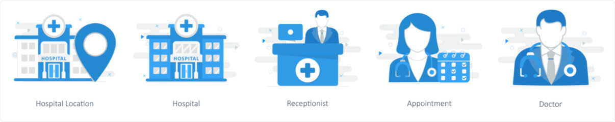 A set of 5 Mix icons as hospital location, hospital, receptionist