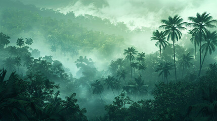 Tropical forest in fog from hill. - obrazy, fototapety, plakaty