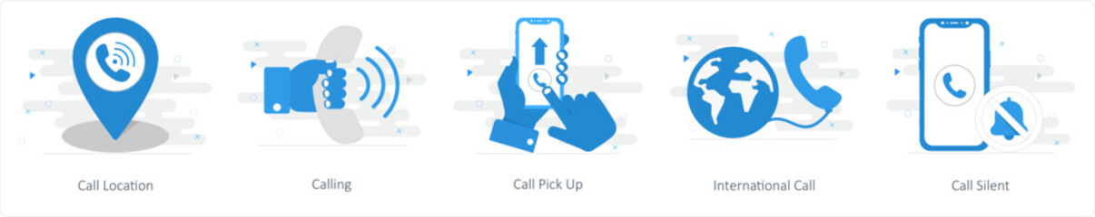 A set of 5 Mix icons as call location, calling, call pick up - obrazy, fototapety, plakaty