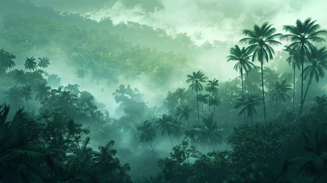 Fototapeta Tropical forest in fog from hill.