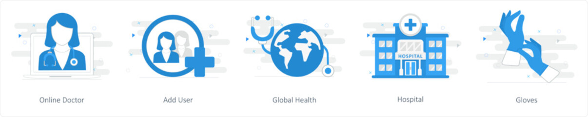 A set of 5 Mix icons as online doctor, add user, global health