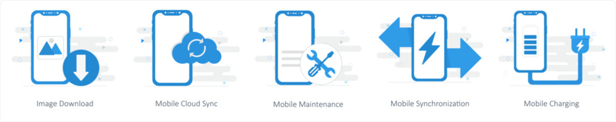 A set of 5 Mix icons as image download, mobile cloud sync, mobile maintenance