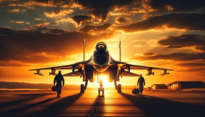 Fighter Jet Pilots Walking at Sunset on Airfield. - obrazy, fototapety, plakaty