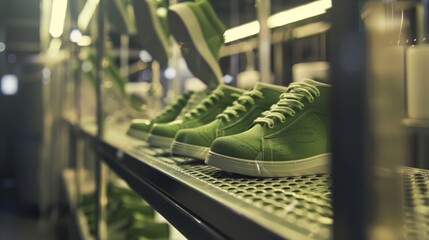 Rows of trendy green sneakers showcased on a store shelf with a selective focus. Ideal for retail and fashion concepts. - obrazy, fototapety, plakaty