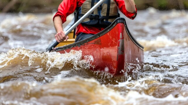 Skilled canoeist maneuvering through challenging rapids with strength and precision