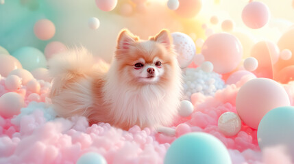 Fototapeta na wymiar Fluffy Dog in pastel dreamland creating a serene and whimsical scene.