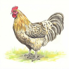 a rooster is standing in the grass on a white background - 747058302