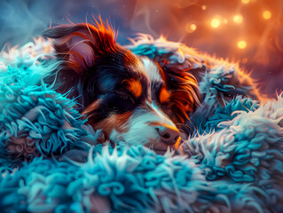 sleepy Australian Shepherd cuddled up in a fluffy blue blanket, enjoying a peaceful nap in a warm, cozy atmosphere.