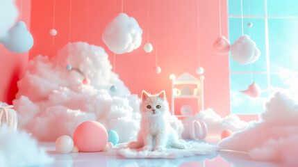 fluffy cat in pastel dreamland creating a serene and whimsical scene. - obrazy, fototapety, plakaty