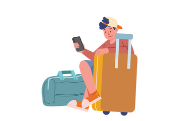A Traveler Sits Between a Suitcase and a Carry-on Bag | Travel Summer Activity