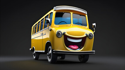 a cartoon character with a happy face funny bus on a black background. cartoon bus. looking cute, adorable, and joyful. cartoon illustration. trendy style. banner advertising concept. Funny character.