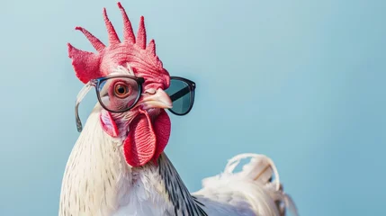 Rolgordijnen Colorful chicken with sunglasses in a playful pose on pastel background with space for text © Ilja