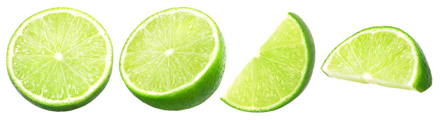Natural fresh lime half and slice isolated, transparent PNG, PNG format, collection, set