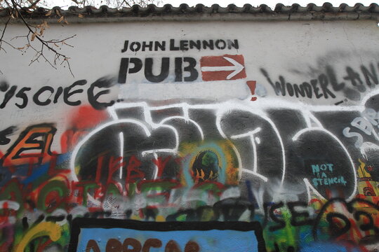 Prague, Czech republic - March 15th 2015 - Photo of famous john lennon wall in the Prague