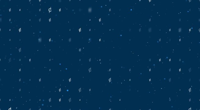 Template animation of evenly spaced cent symbols of different sizes and opacity. Animation of transparency and size. Seamless looped 4k animation on dark blue background with stars