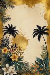 grunge golden card with tropical flowers and palm trees, frame with text space for invitation or decoration