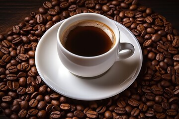Fototapeta premium Coffee Cup and Coffee Beans, Espresso Coffeecup on Brown Coffe Grains Background, White Coffee Mug
