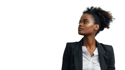 black businesswoman in a business outfit, looking white wall, white background PNG