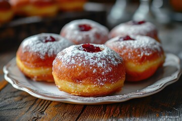 Obraz na płótnie Canvas Donut berliner on white plate, Sufgania with powdered shugar and jam