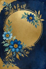 golden vintage card with watercolor blue flowers, scrapbook paper series, frame for greeting or invitation