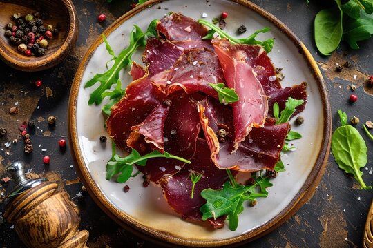 Bresaola, Dried Italian Beef, Salted Veal Slices, Bresaola, Venison or Pork with Greens