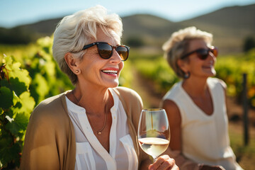 Elderly women tasting wine outdoors, plantation, vineyard, face, portrait