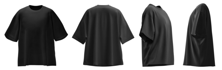 Set of black oversized loose Drop Shoulder tee t shirt round neck front, back and side view on transparent background cutout, PNG file. Mockup template for artwork graphic design. 
