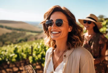 Poster Beautiful young woman in a sunglasses tasting wine close-up, outdoors, plantation, vineyard © Мария Кривецкая