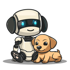 Obraz premium Cute little dog and robot on white background. Vector illustration.