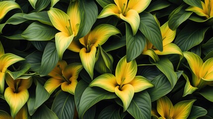 Background of green leaves and yellow lily flowers. Juicy bright foliage.The texture of large leaves and buds. Beauty is in nature.