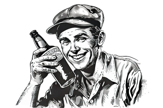 Black and white vector clip art from the 1950s man with beer ad vintage stock image white background PNG