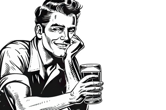 Black and white vector clip art from the 1950s man with beer ad vintage stock image white background PNG