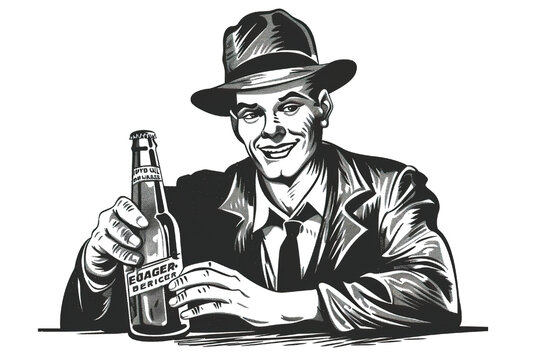 Black and white vector clip art from the 1950s man with beer ad vintage stock image white background PNG