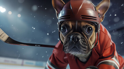 French bulldog playing ice hockey