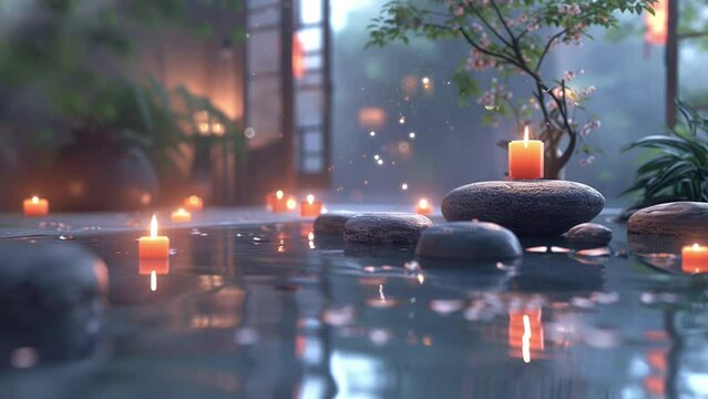 Serene spa atmosphere with aromatic candles and zen stones, anime style. Relaxation and meditation in cute cartoon design.