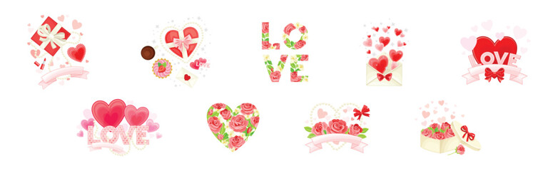 Love Symbol with Heart in Envelope, Flower Bud and Gift Box Vector Set