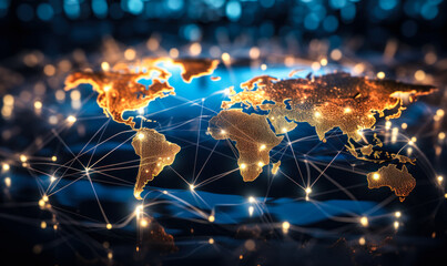 Global Network Connections with Glowing Nodes and Lines on World Map, Illustrating International Communication and Data Exchange Concept